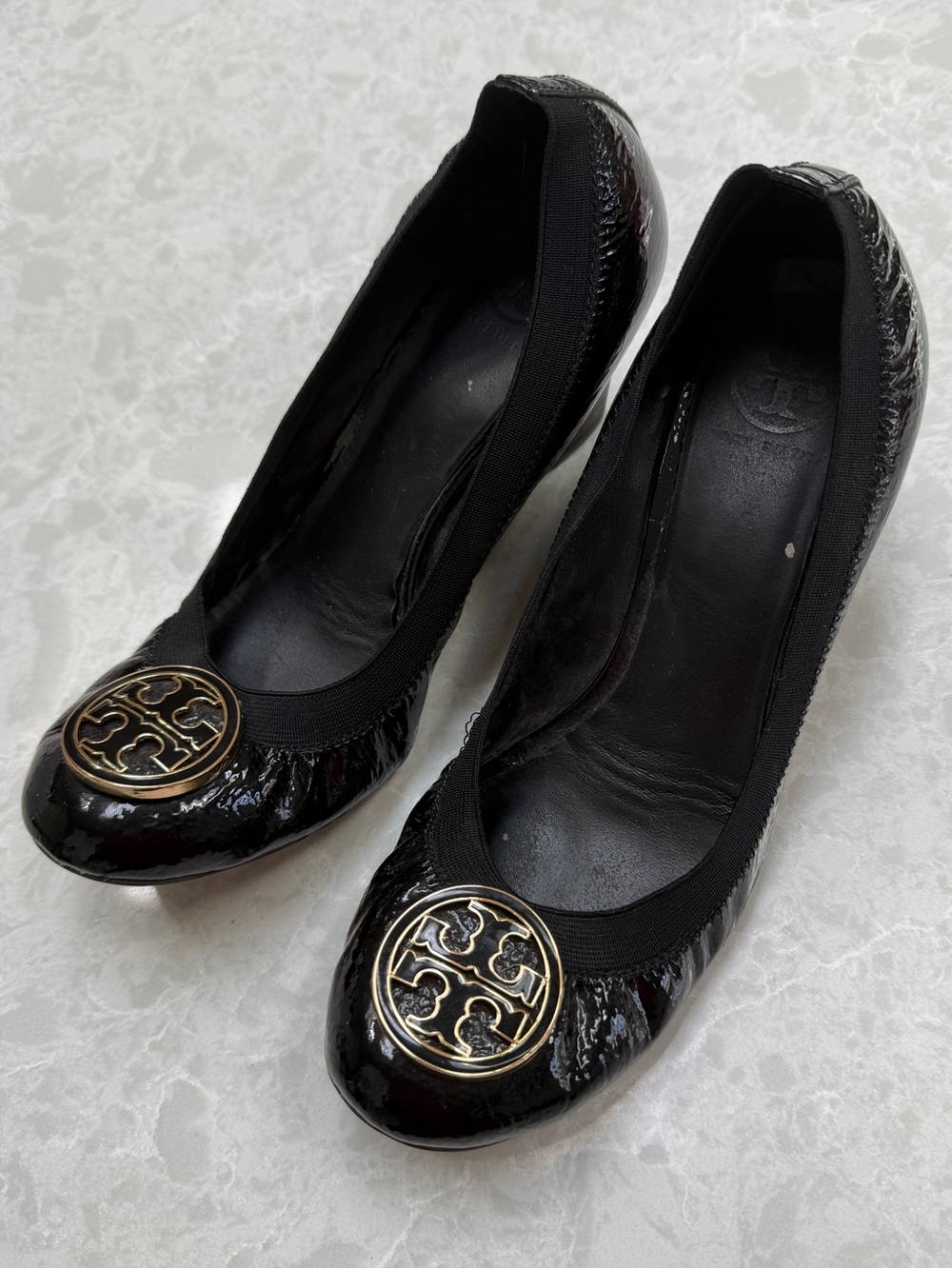 Tory Burch Twiggie Black Patent Leather Wedge with Gold Double T Logo Medallion